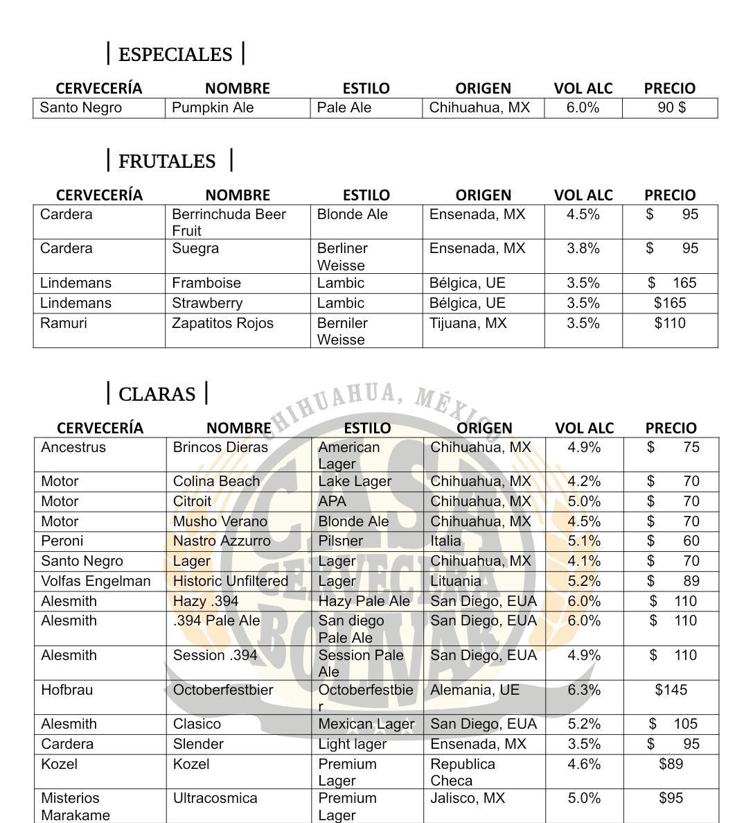 MENÚ DE CERVEZA ARTESANAL EN BOTELLA O LATA