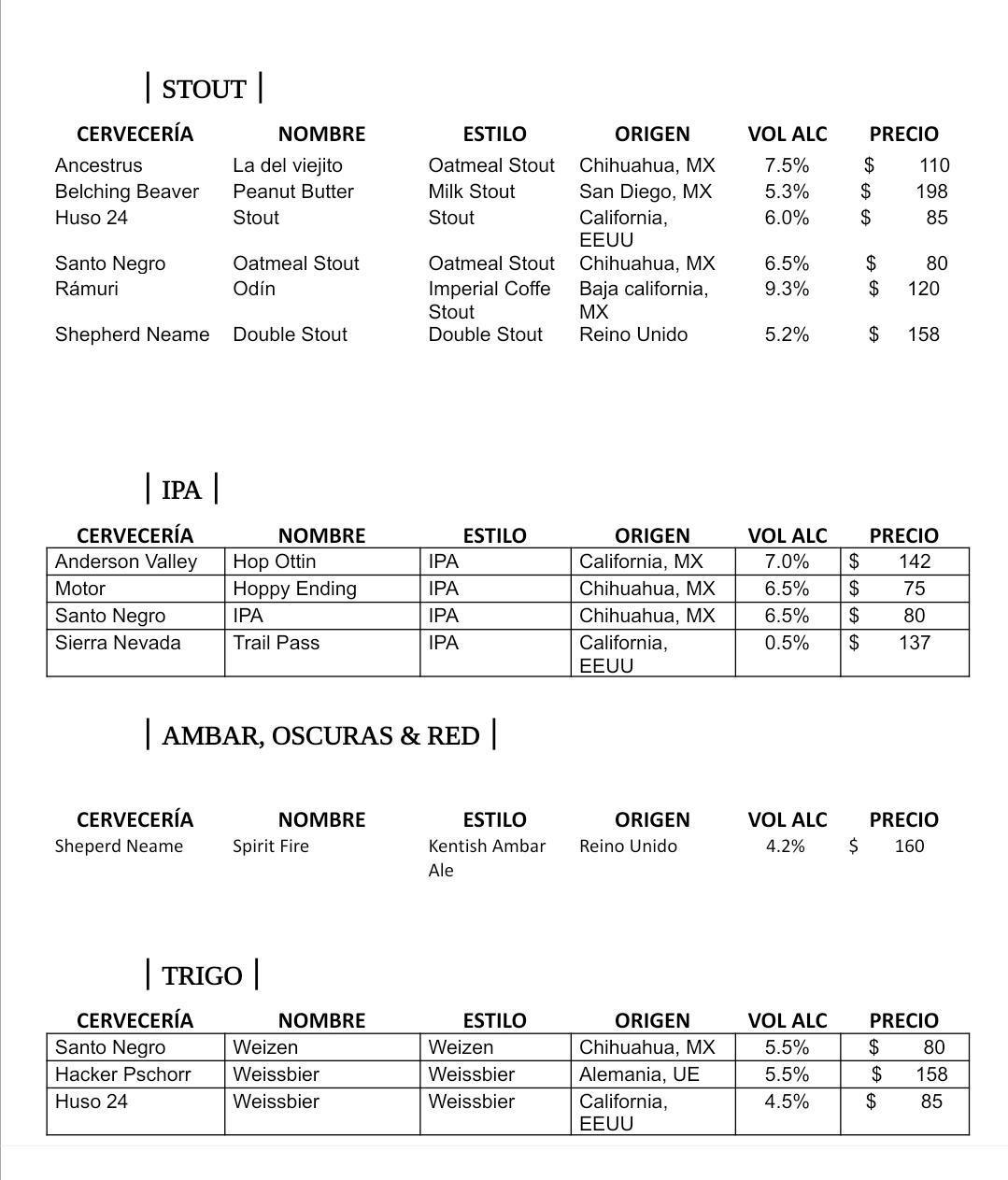 MENÚ DE CERVEZA ARTESANAL EN BOTELLA O LATA MENÚ DE CERVEZA ARTESANAL EN BOTELLA O LATA