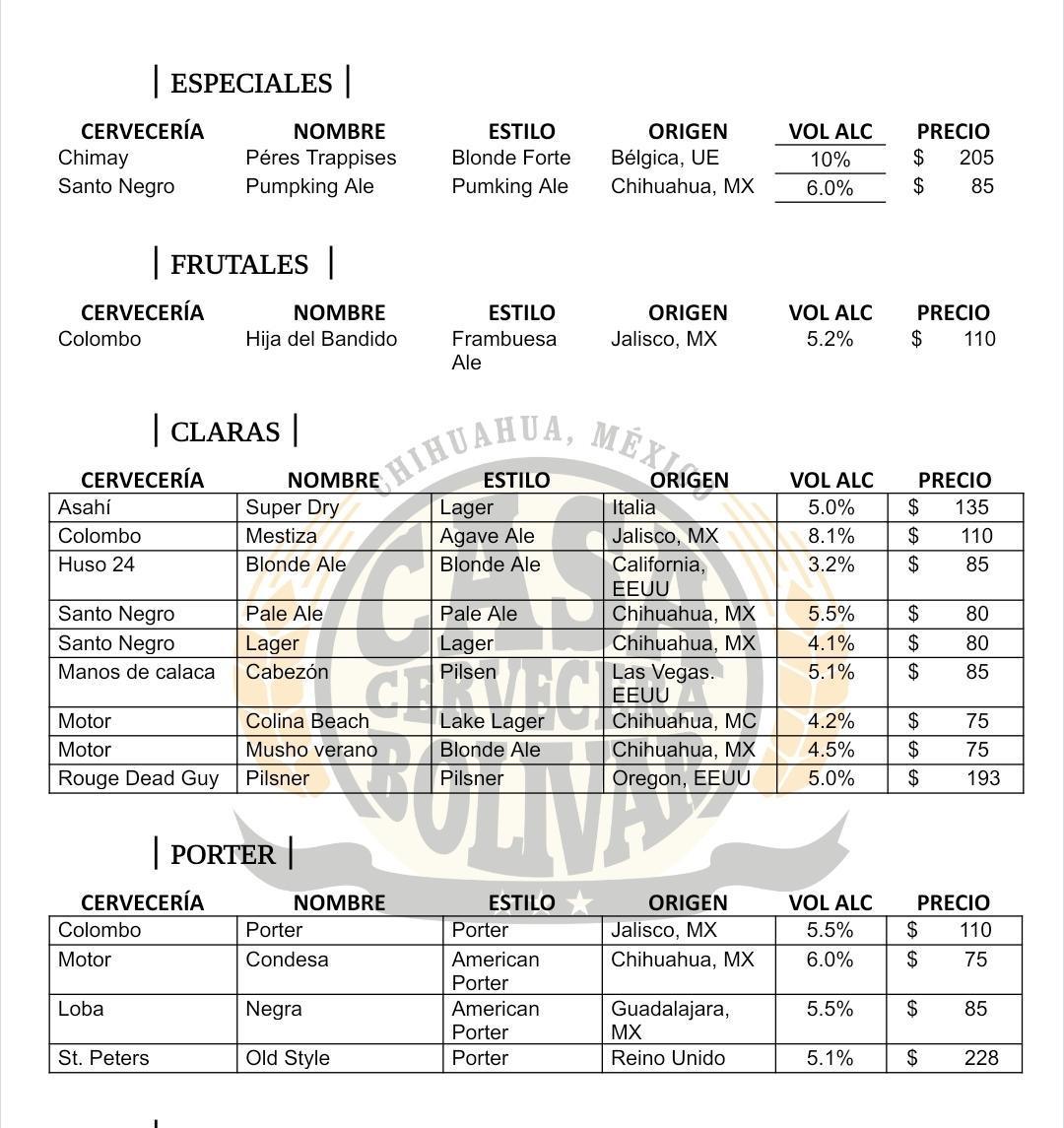 MENÚ DE CERVEZA ARTESANAL EN BOTELLA O LATA MENÚ DE CERVEZA ARTESANAL EN BOTELLA O LATA