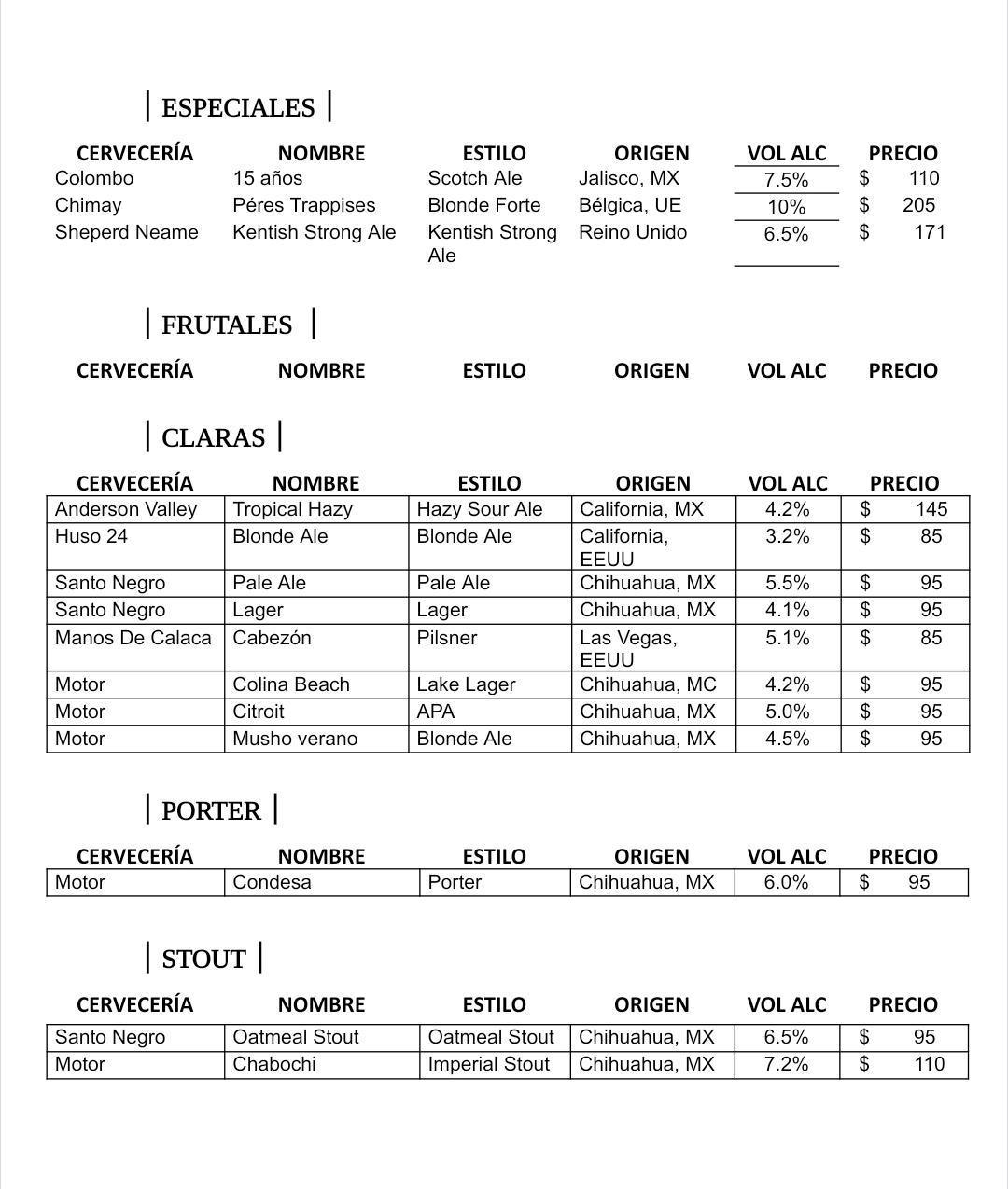 MENÚ DE CERVEZA ARTESANAL EN BOTELLA O LATA