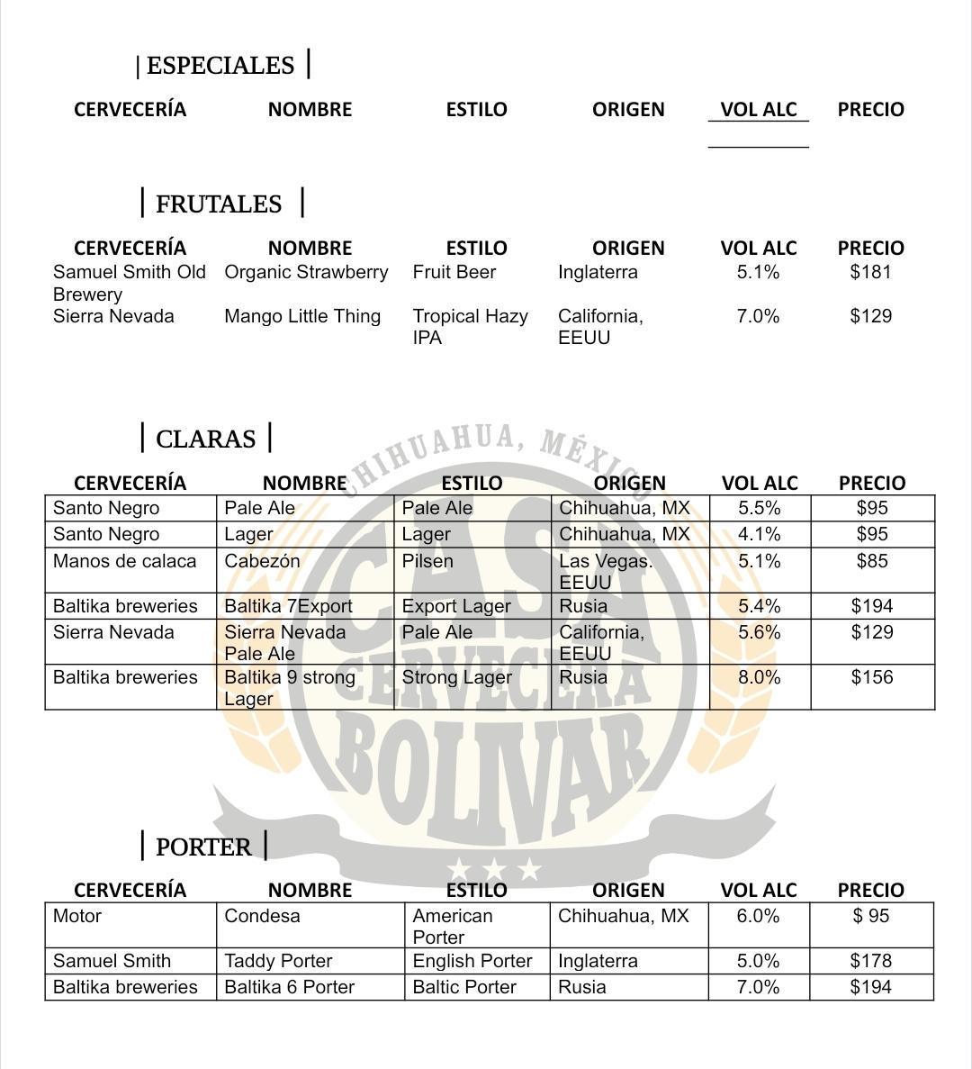 MENÚ DE CERVEZA ARTESANAL EN BOTELLA O LATA MENÚ DE CERVEZA ARTESANAL EN BOTELLA O LATA