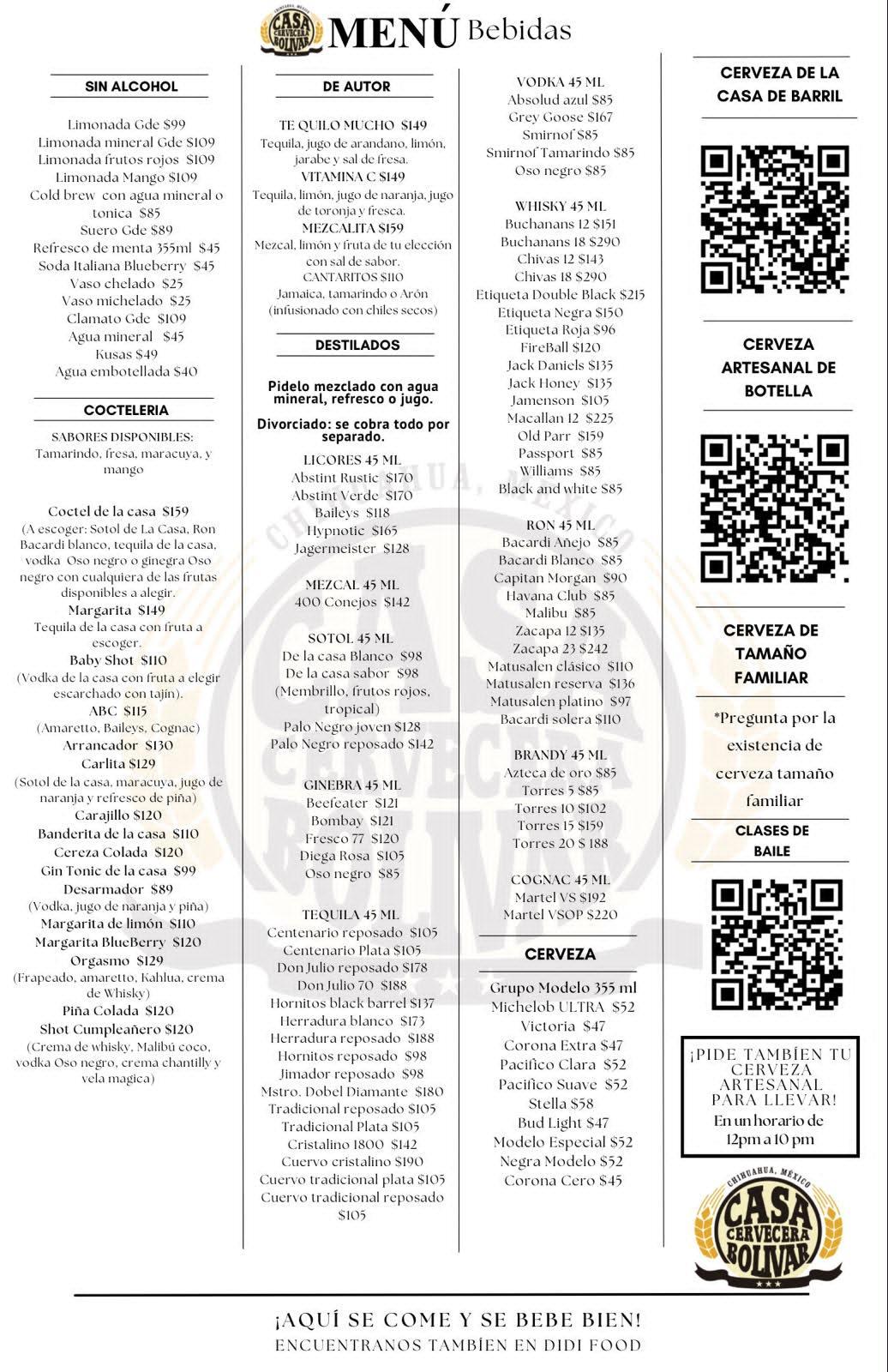 Refrescos, Mockteles, Licores, Cocteles y Cerveza Modelo