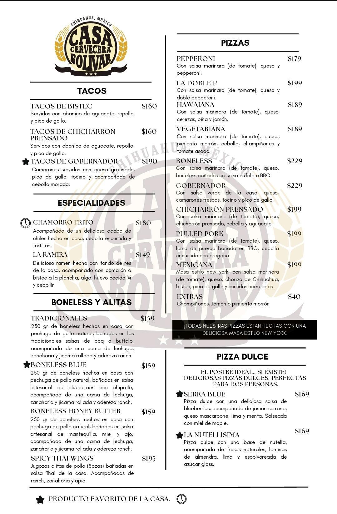 TACOS, ESPECIALIDADES, BONELESS, ALITAS, PIZZAS, POSTRES