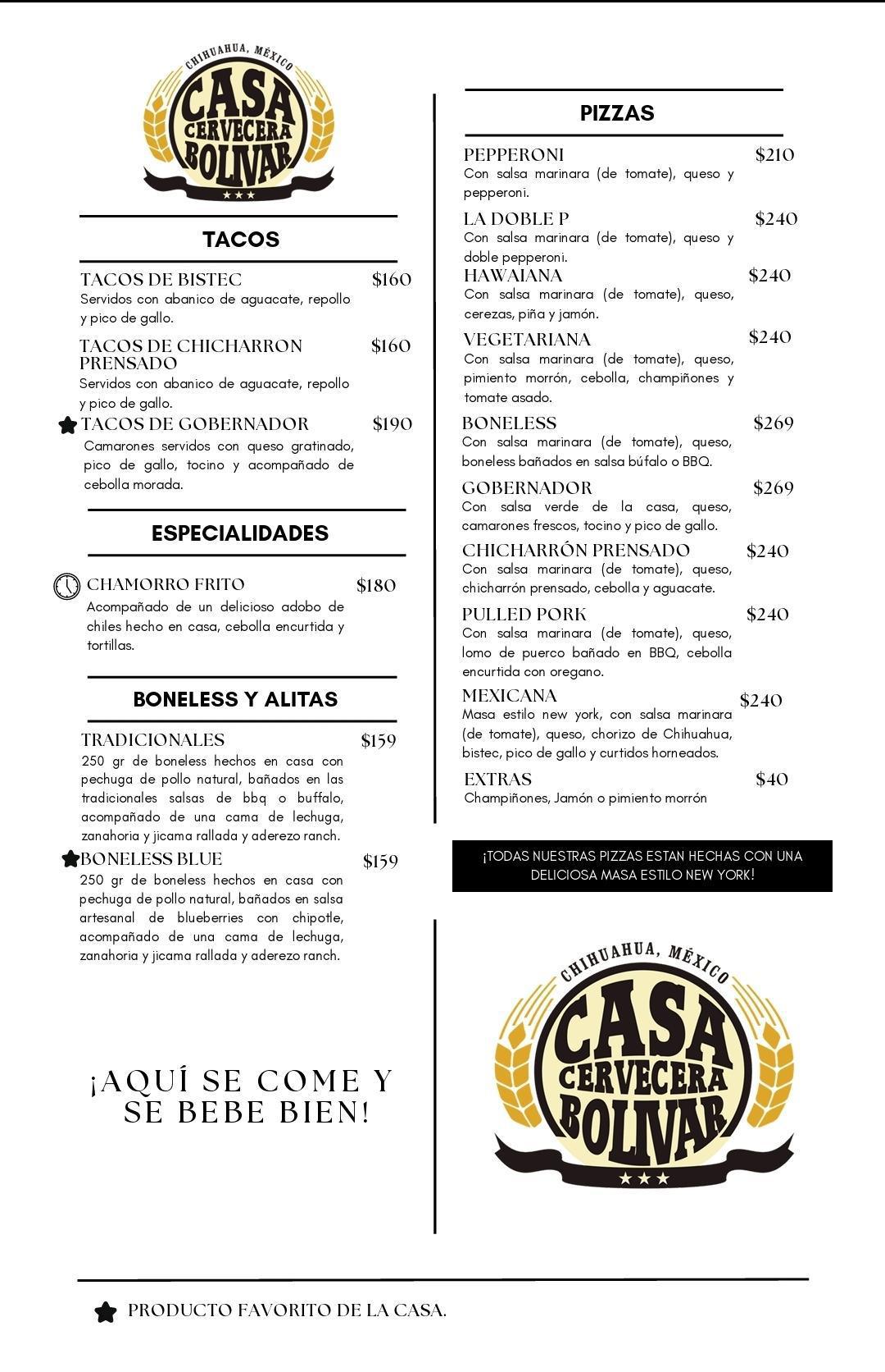 TACOS, ESPECIALIDADES, BONELESS, ALITAS, PIZZAS, POSTRES