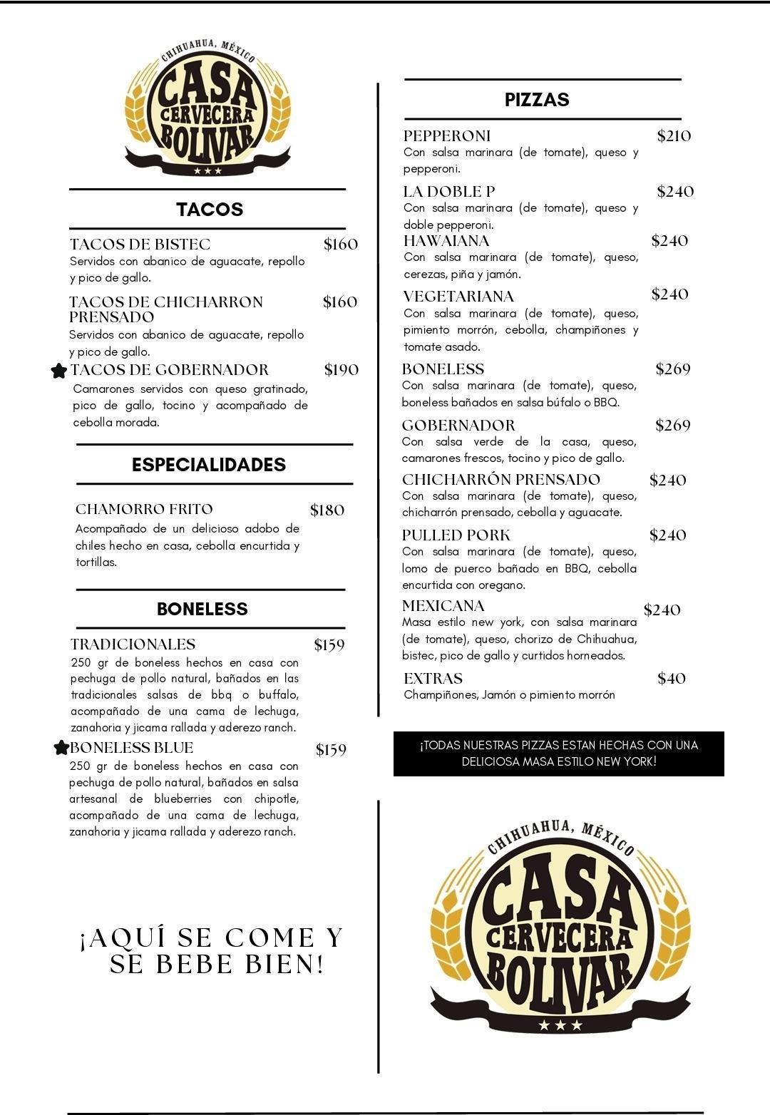 TACOS, ESPECIALIDADES, BONELESS, ALITAS, PIZZAS, POSTRES