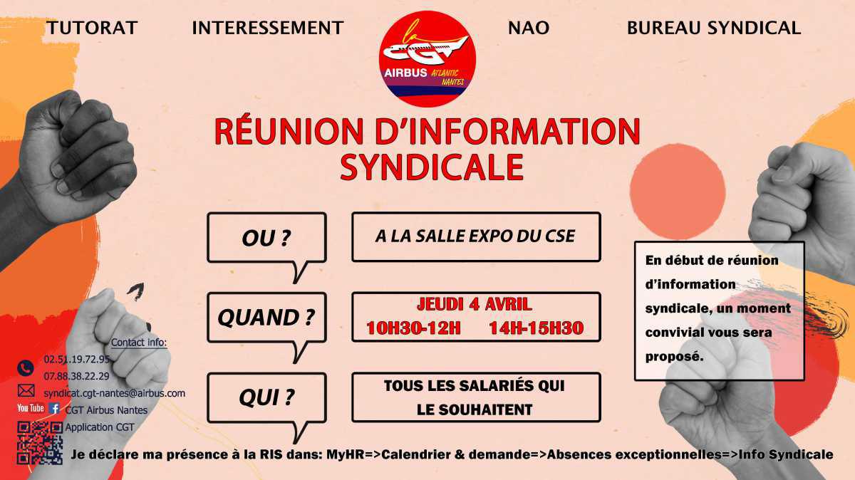 Jeudi 4 AVRIL Réunion d'Information Syndicale 