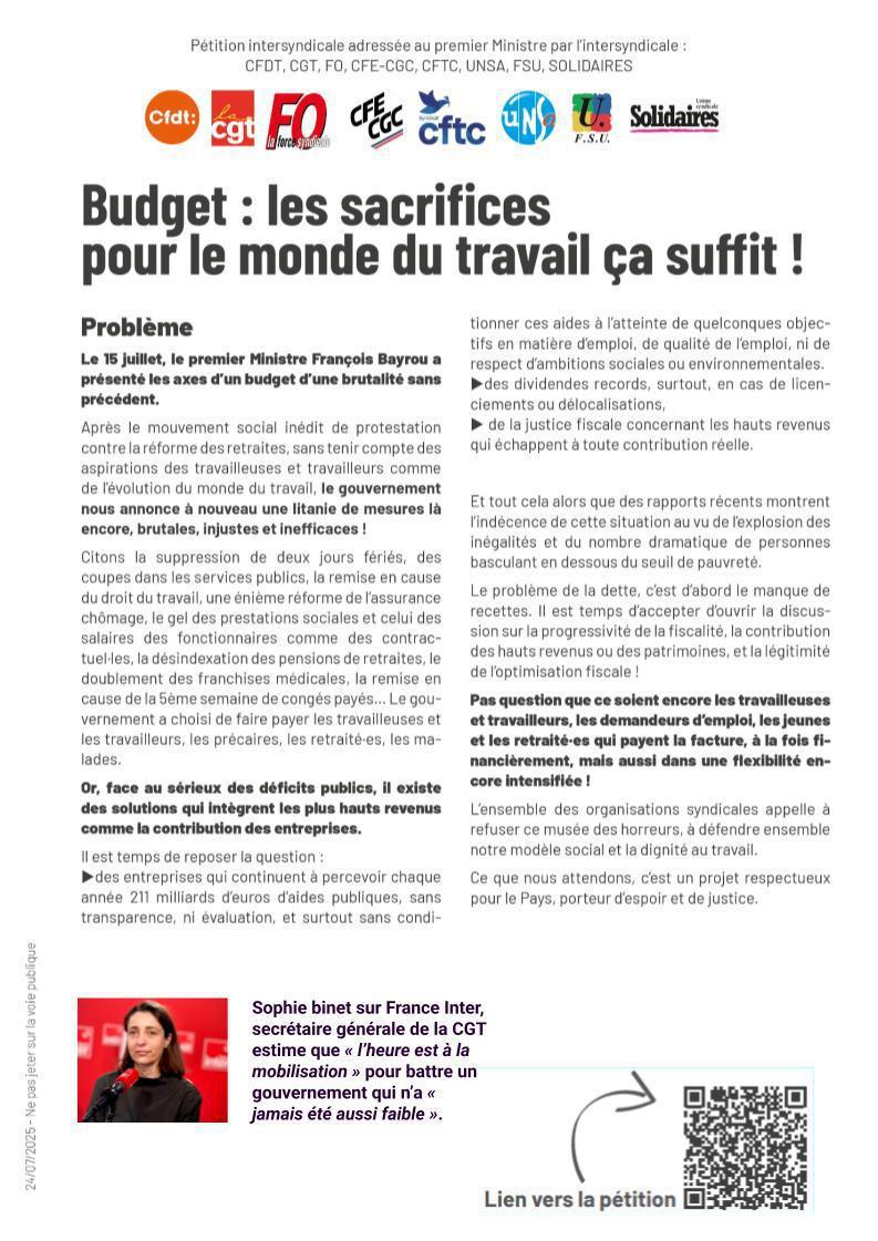 BUDGET: Les sacrifices pour le monde du travail ça suffit!