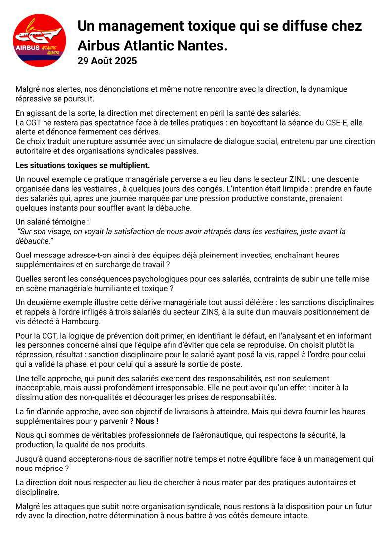 Un management toxique qui se diffuse chez Airbus Atlantic Nantes.