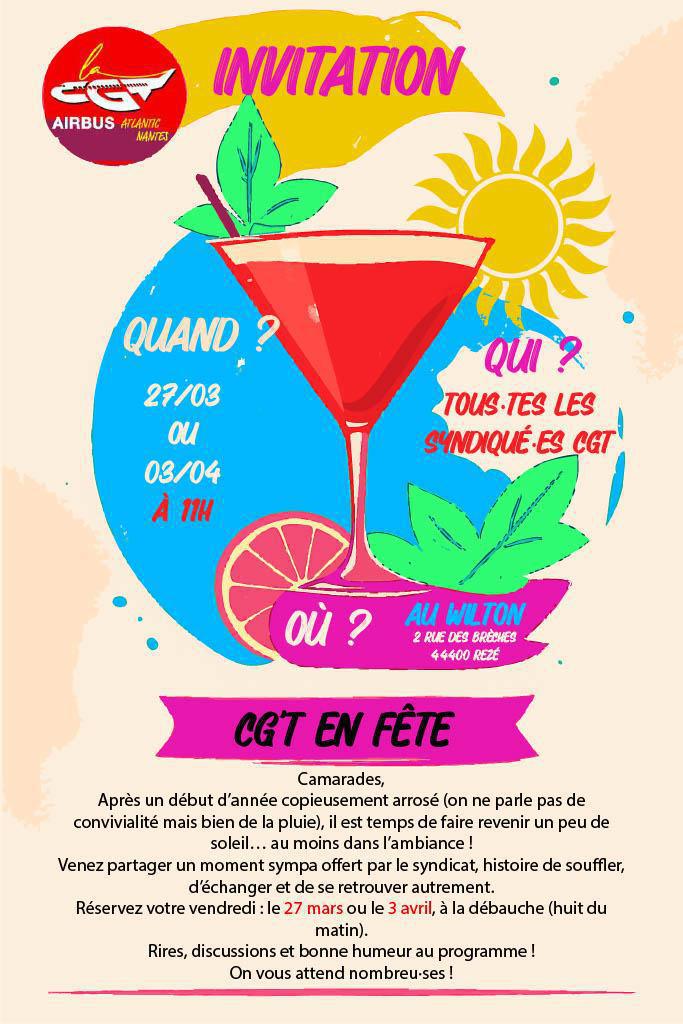 Invitation tous.tes les syndiqué.es CGT le 27/03 ou 03/04 à 11H 