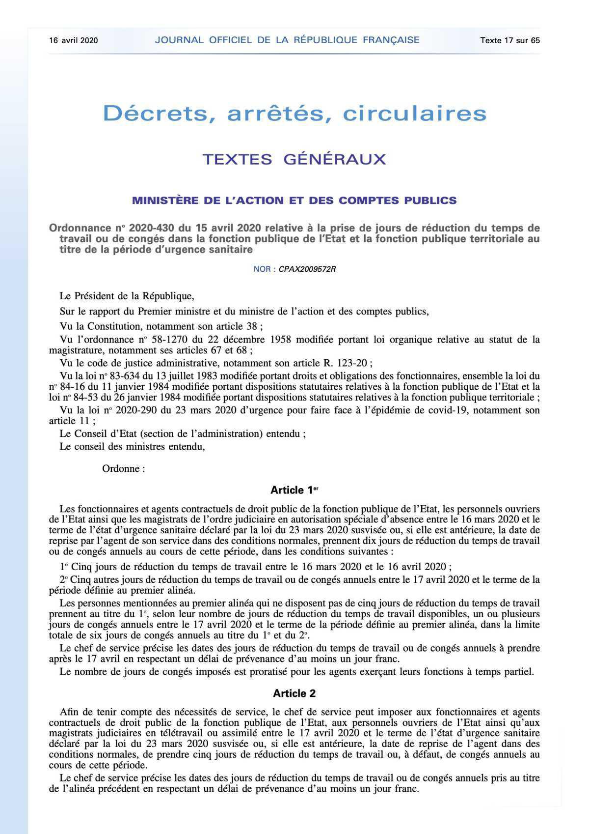  Une ordonnance qui permet aux employeurs publics de décider de la prise de congés ou de RTT 