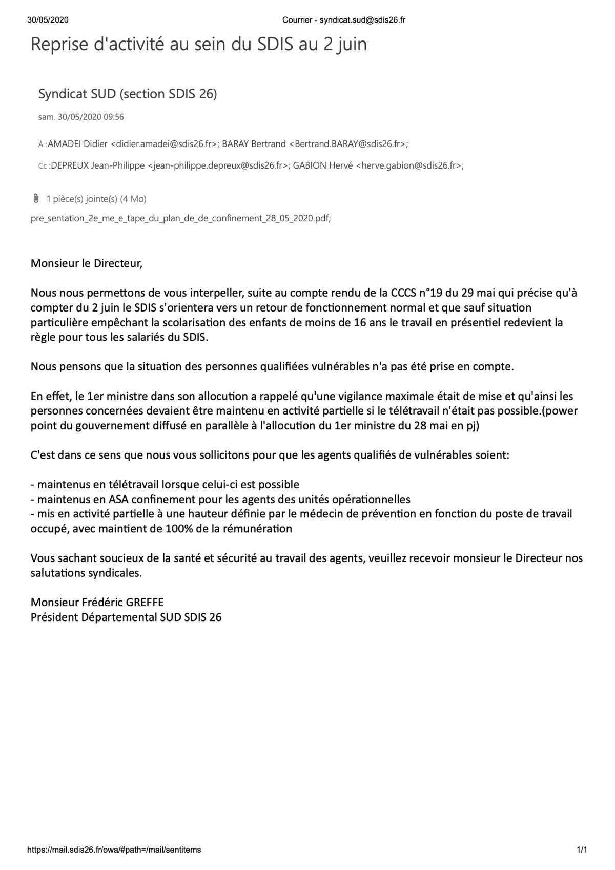 Reprise d'activité au sein du SDIS au 2 juin Reprise d'activité au sein du SDIS au 2 juin