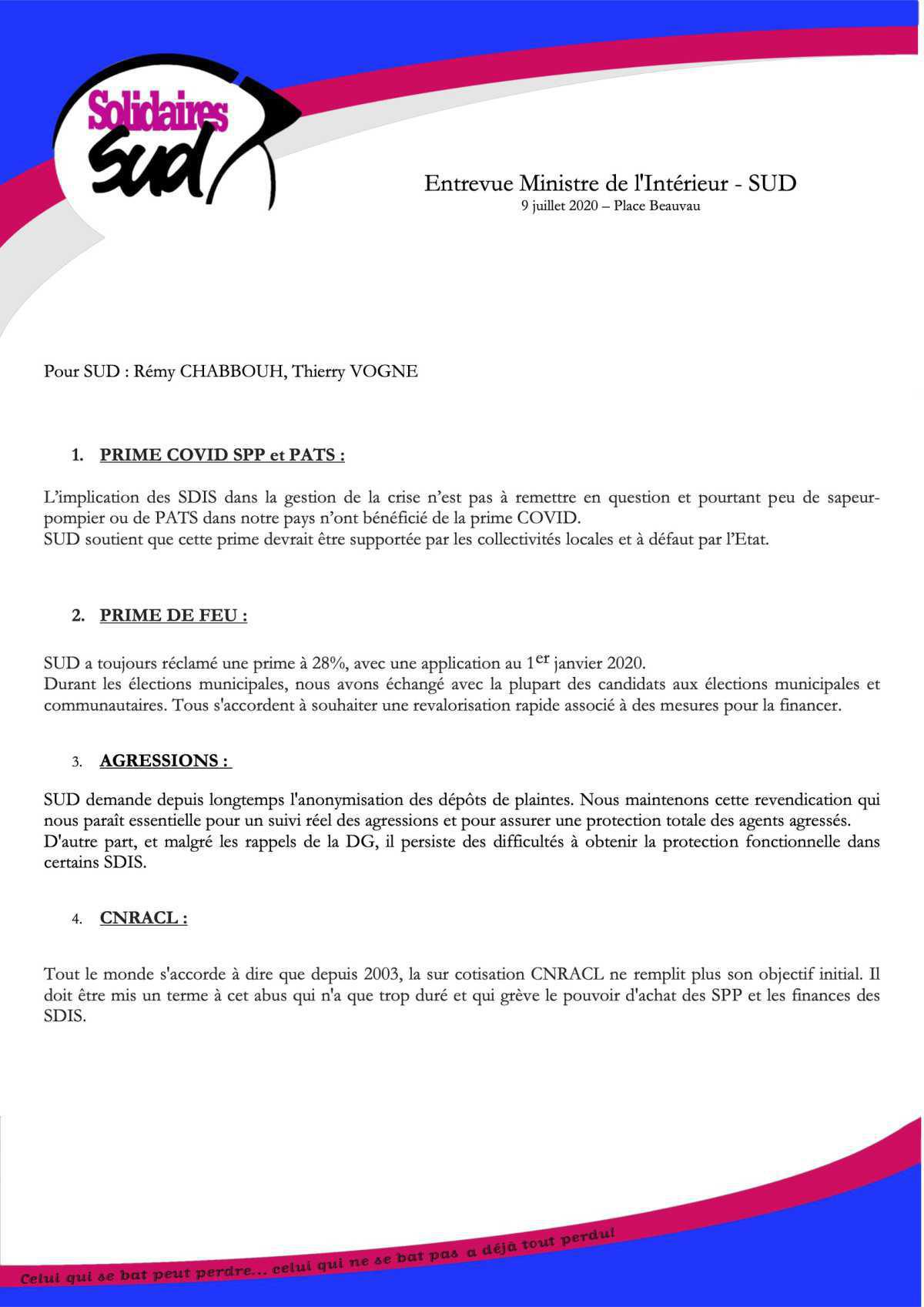 Entrevue Ministre de l'Intérieur Sud demande "Un Beauvau de la Sécurité Civile"  Entrevue Ministre de l'Intérieur Sud demande "Un Beauvau de la Sécurité Civile"