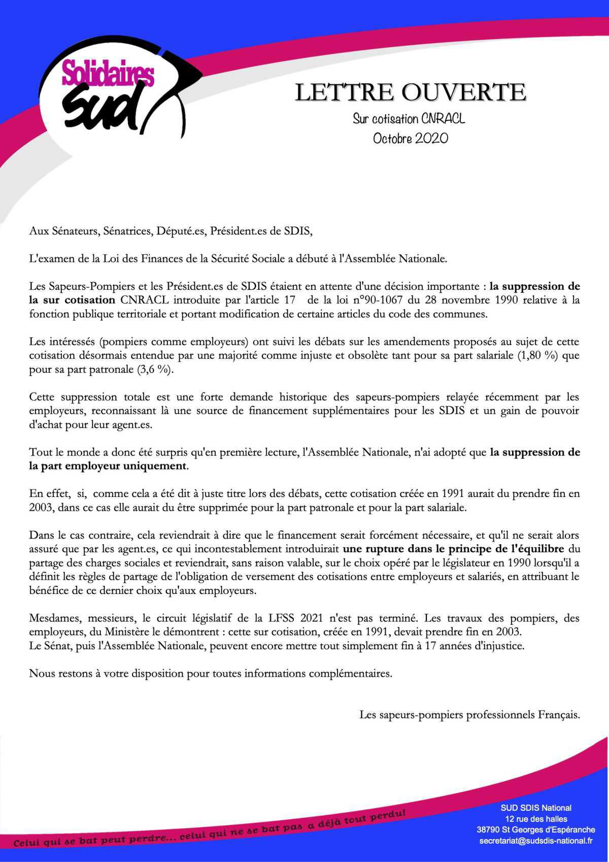 LETTRE OUVERTE " sur cotisation CNRACL " 🇫🇷