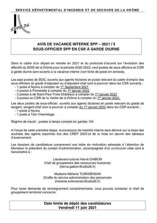 Avis de vacance interne au SDIS 26 / Protocole plan de recrutement 2020/2023 Avis de vacance interne au SDIS 26 / Protocole plan de recrutement 2020/2023