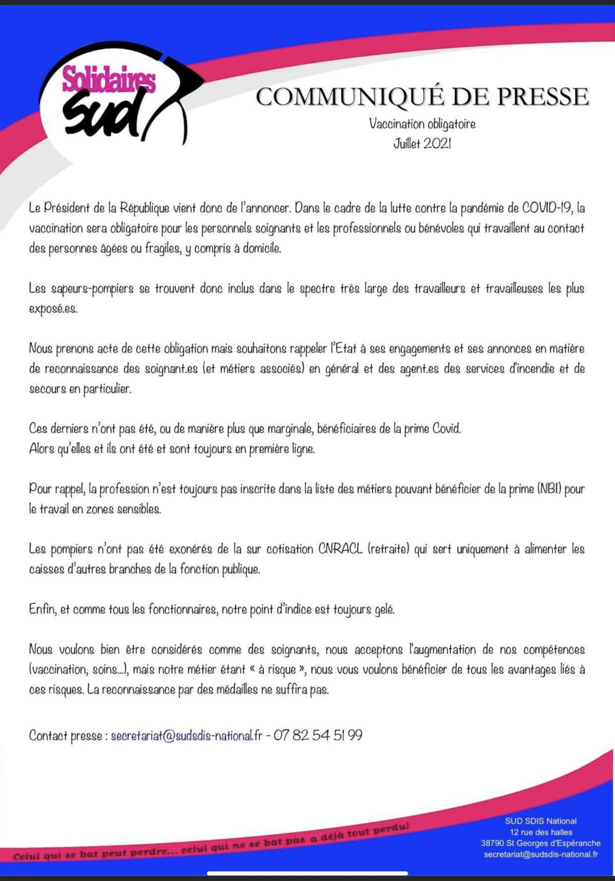 Communiqué de presse - vaccination obligatoire Communiqué de presse - vaccination obligatoire