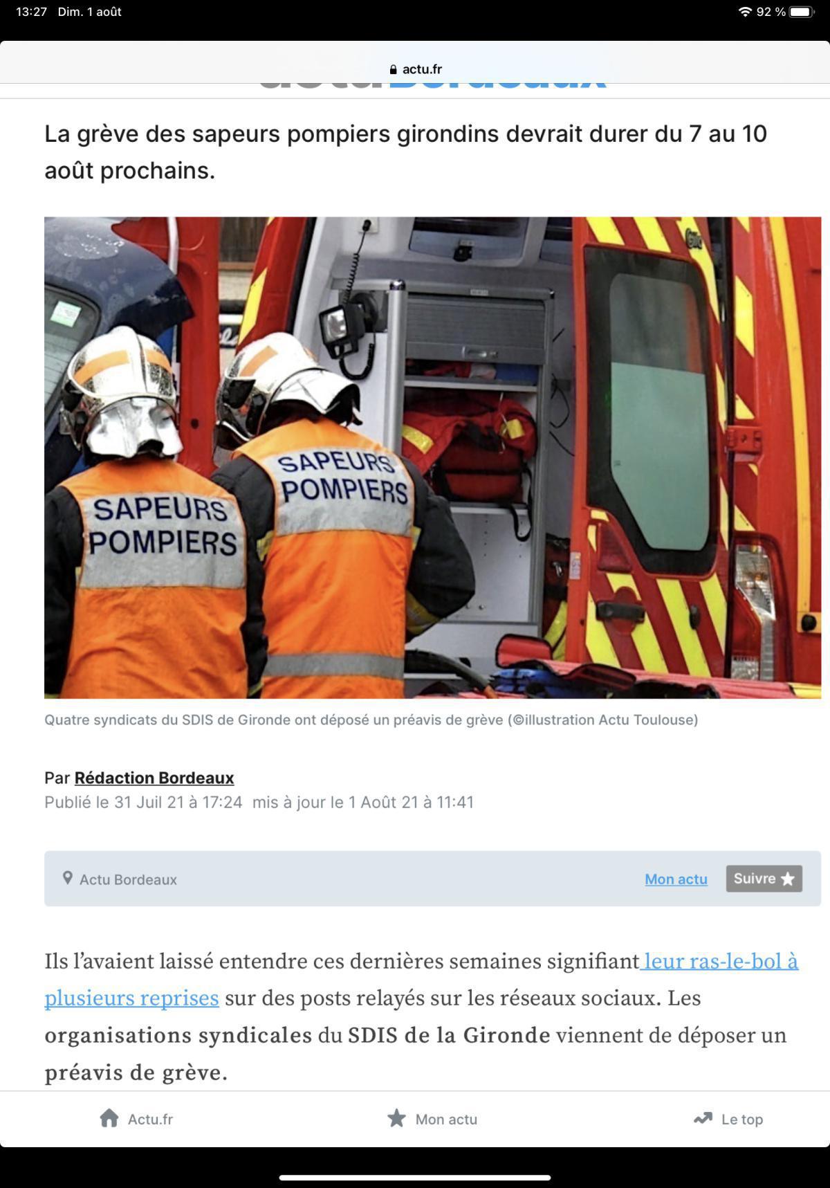 Gironde : quatre syndicats des sapeurs-pompiers déposent un préavis de grève Gironde : quatre syndicats des sapeurs-pompiers déposent un préavis de grève