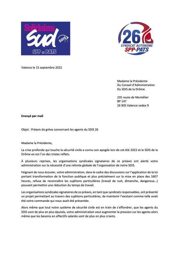 Préavis de grève au SDIS 26 - mise en place des 1607h Préavis de grève au SDIS 26 - mise en place des 1607h