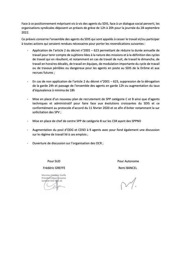 Préavis de grève au SDIS 26 - mise en place des 1607h Préavis de grève au SDIS 26 - mise en place des 1607h