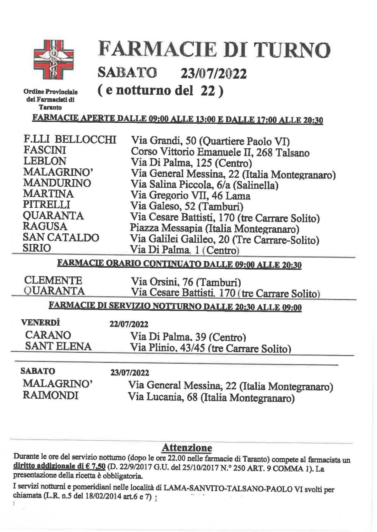 Turni dal 18 al 24 Luglio