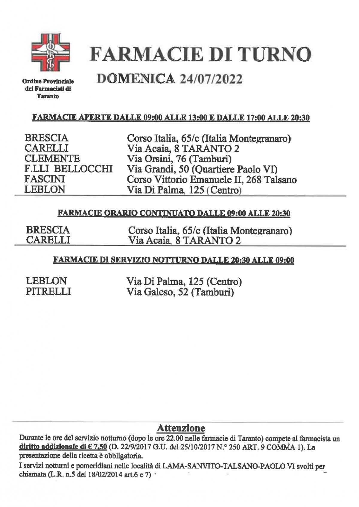 Turni dal 18 al 24 Luglio