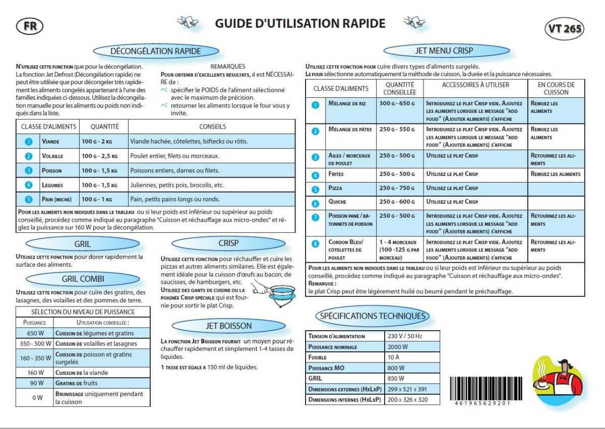 Guide d'utilisation rapide four multifonctions VT 265