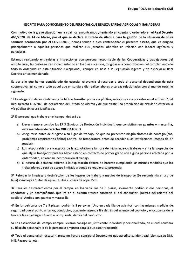 Comunicado para tareas agrícolas y ganaderas