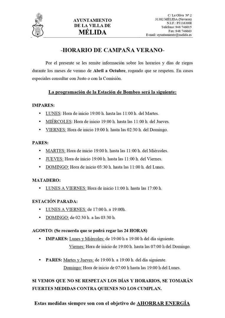 Horario de campaña verano