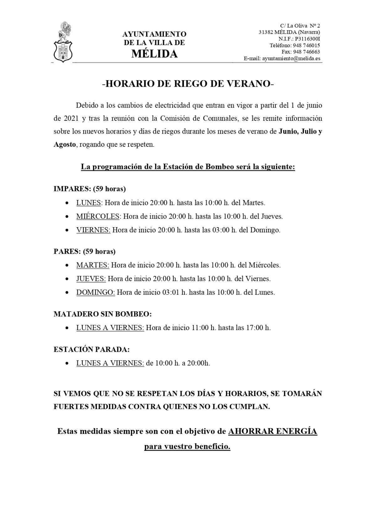 Horario de riego verano 2021