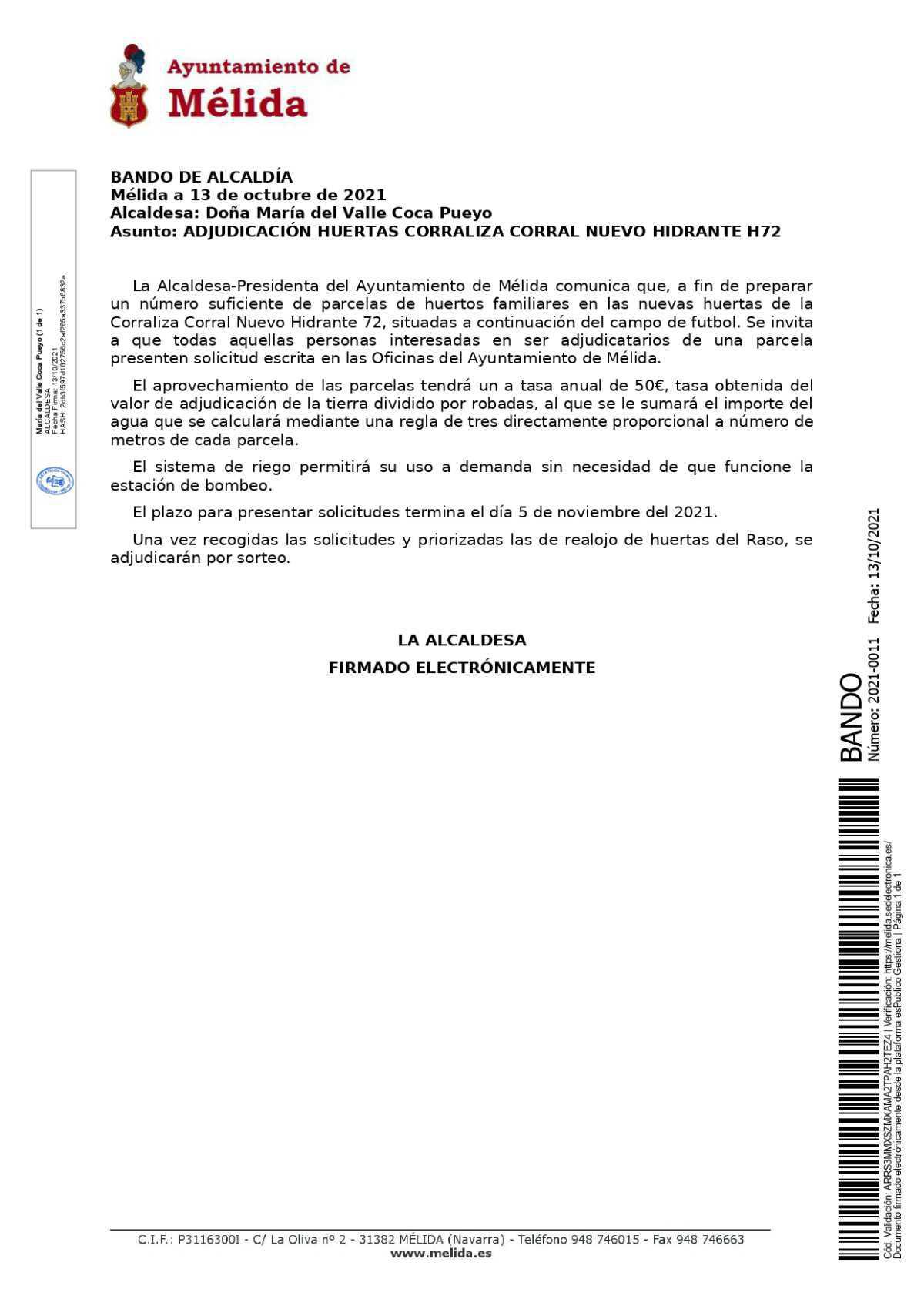 Adjudicación huertas - Nuevo hidrante
