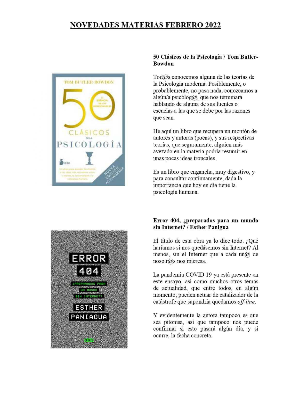 Novedades Materias Febrero 2022