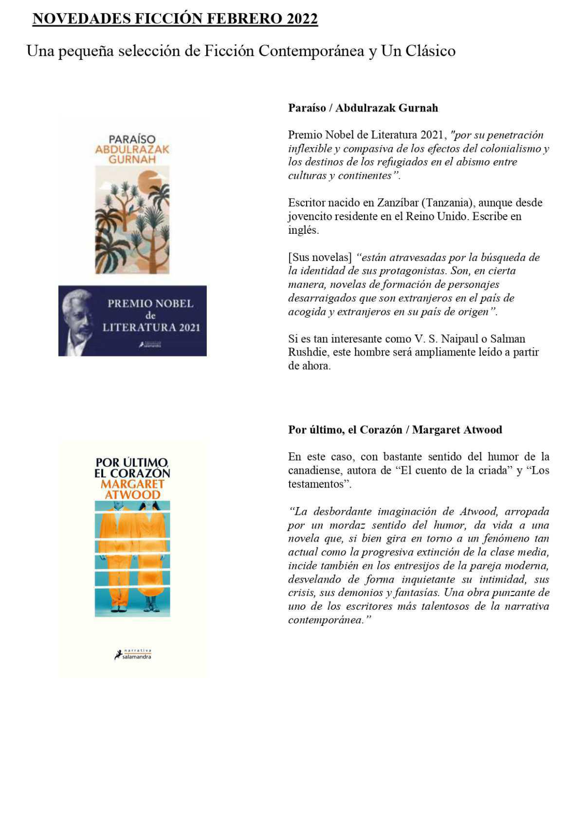 Novedades ficción Febrero 2022