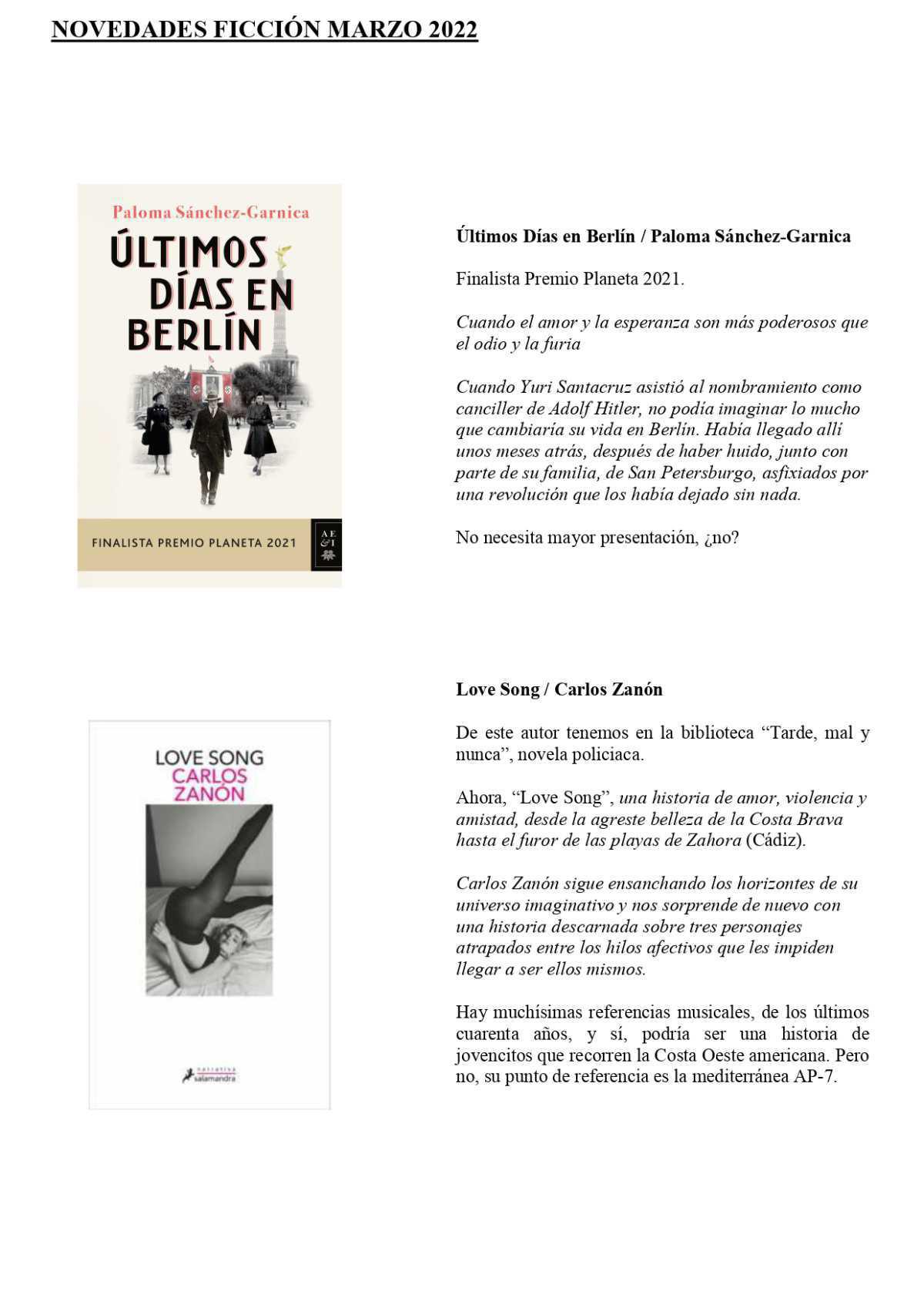 Novedades ficción Marzo 2022