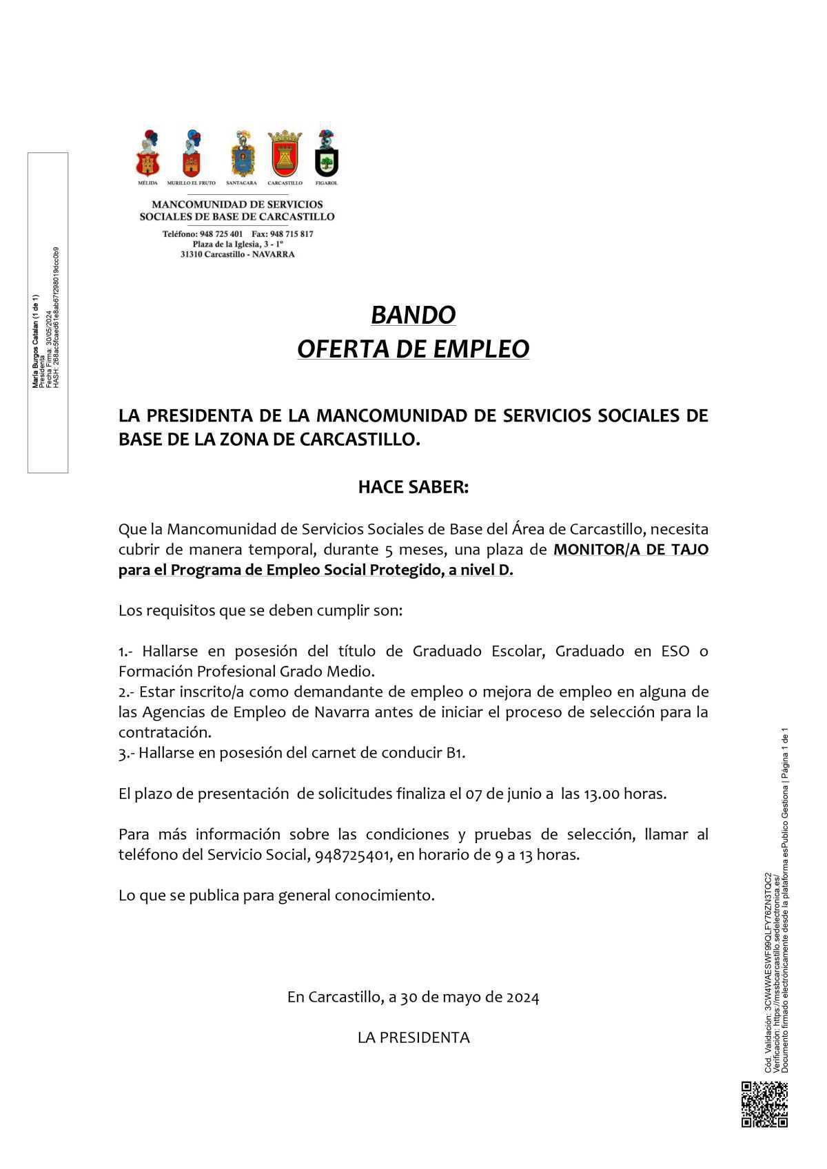 Bando Oferta de Empleo Monitor/a de Tajo