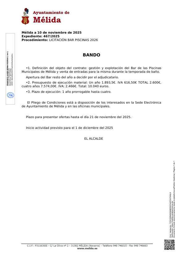 Licitación para la gestión y explotación del Bar de las Piscinas Municipales de Mélida 2026