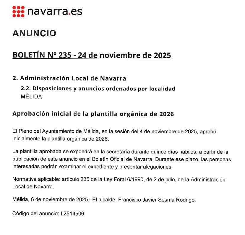 Aprobación inicial de la Plantilla Orgánica de 2026