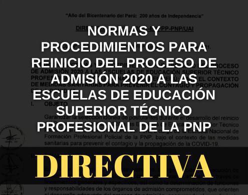 Directiva que establece Normas y Procedimientos para reinicio del proceso de admisión 2020 a las EESTP-PNP