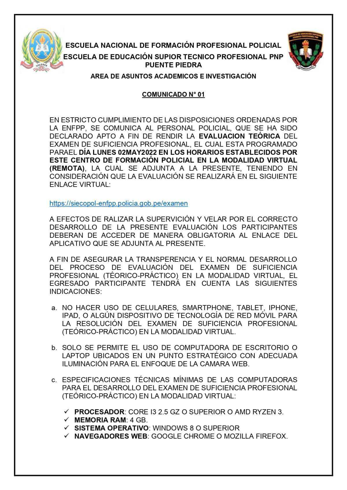 COMUNICADO EESTP PNP Puente Piedra