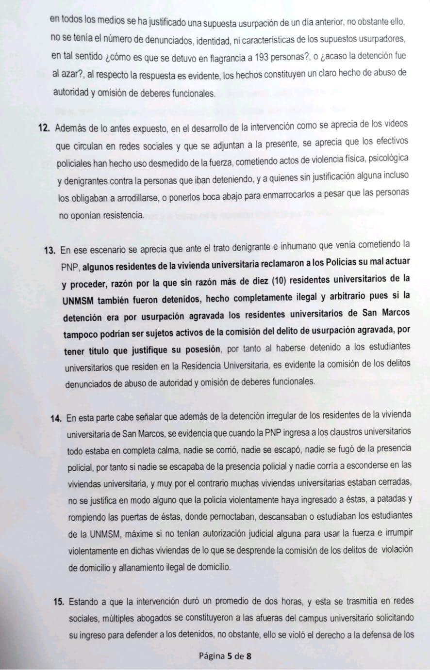 Congresistas denuncian penalmente a Policías que intervinieron la Univ. San Marcos