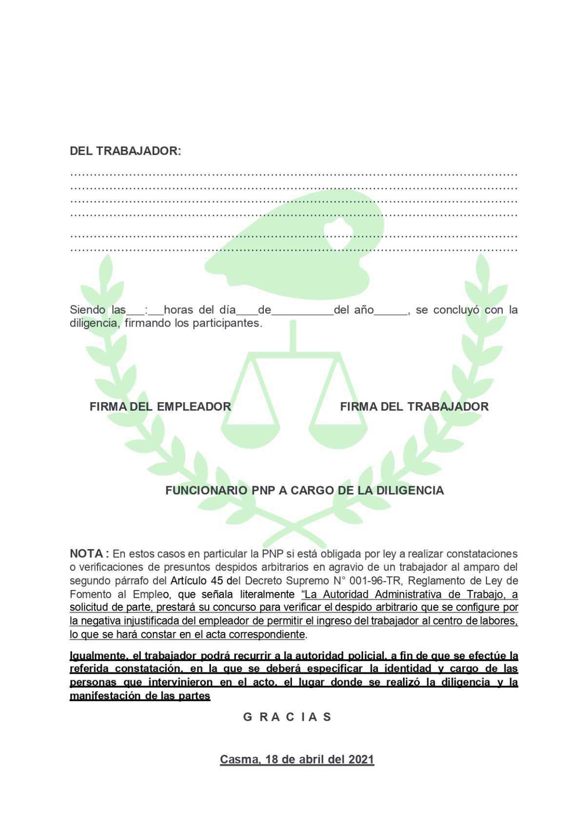 Acta de Verificación por Presunto Despido Arbitrario