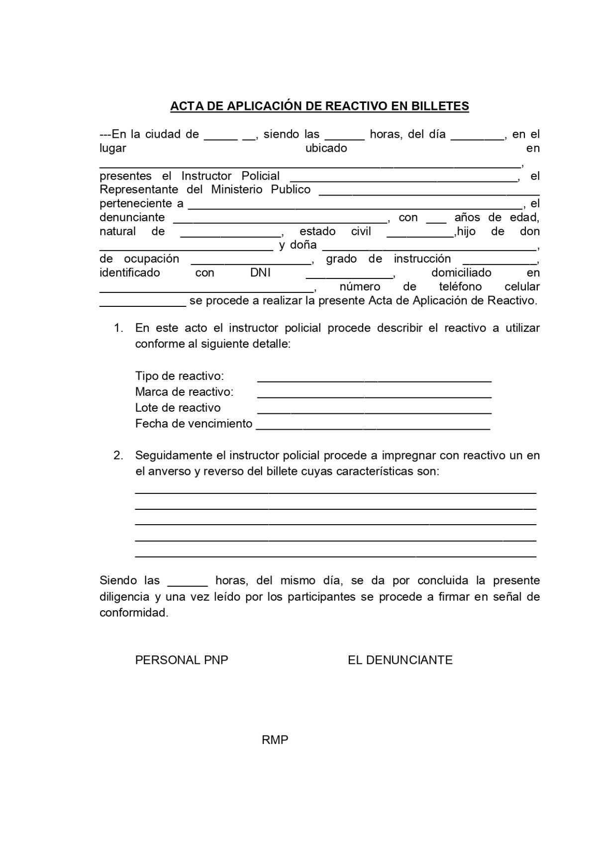 Acta de Aplicación de Reactivo en Billetes