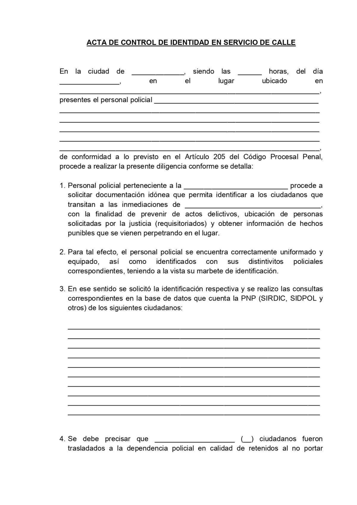 Acta de Control de Identidad en Servicio de Calle