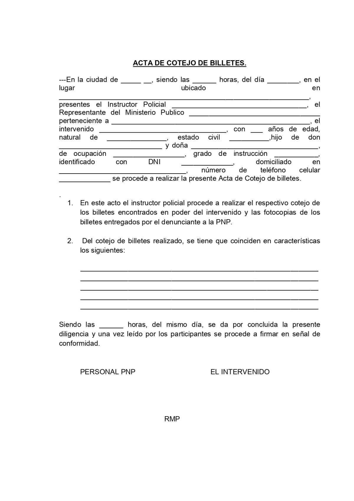 Acta de Cotejo de Billetes