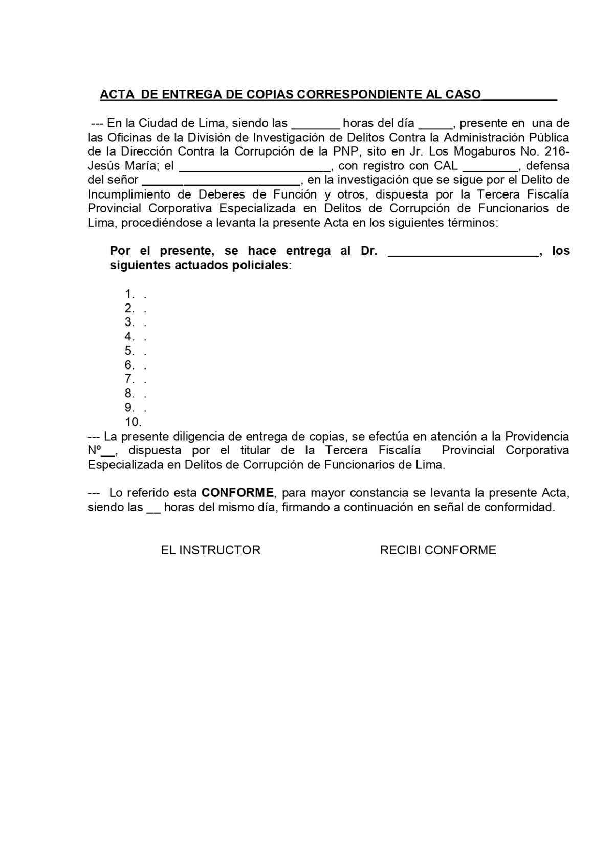 Acta de Entrega de Copias Correspondiente del Caso