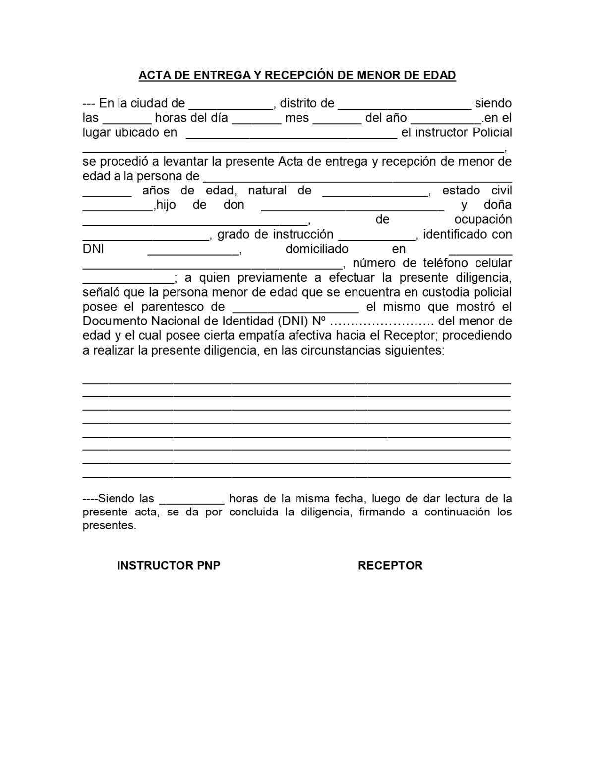 Acta de Entrega y Recepción de Menor de Edad