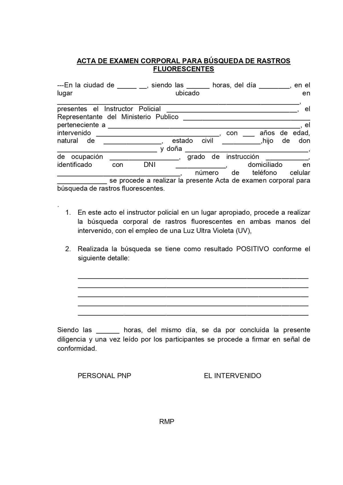 Acta de Examen Corporal para Búsqueda de Rastros Fluorescentes