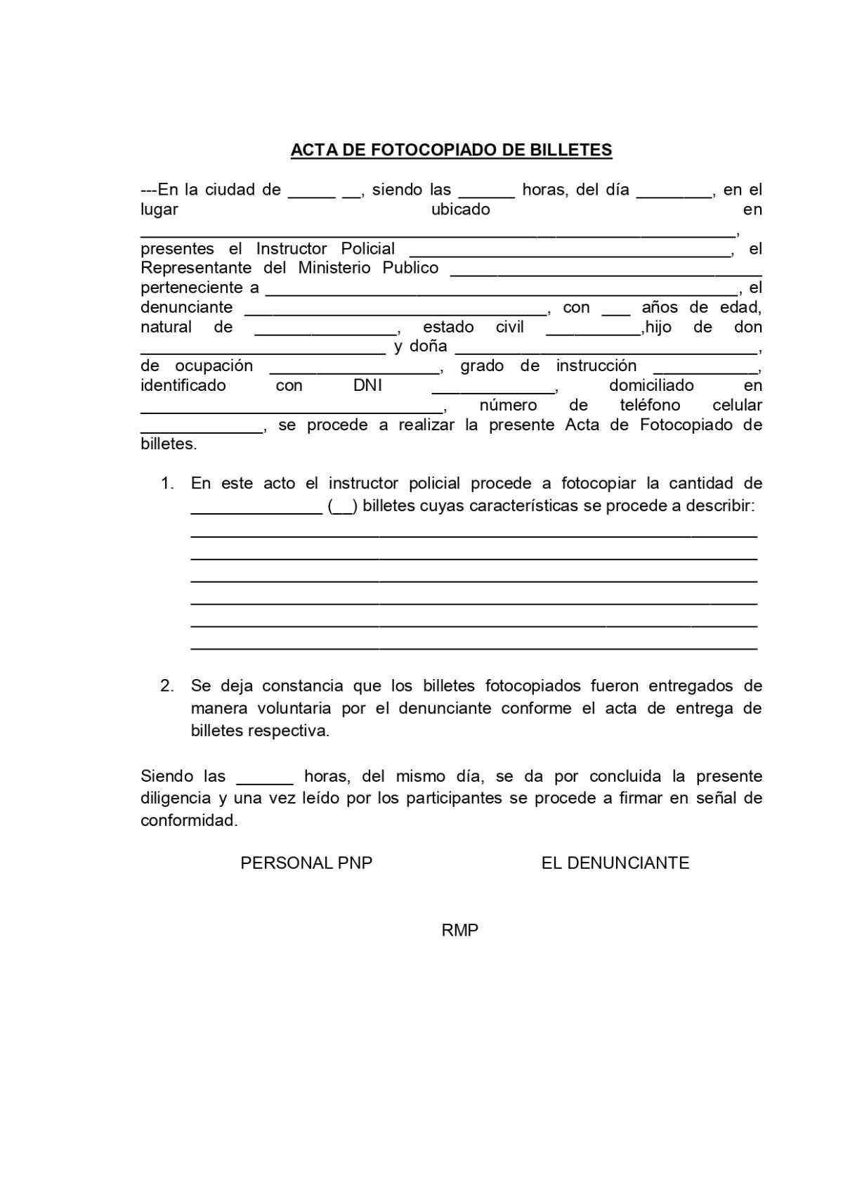 Acta de Fotocopiado de Billetes