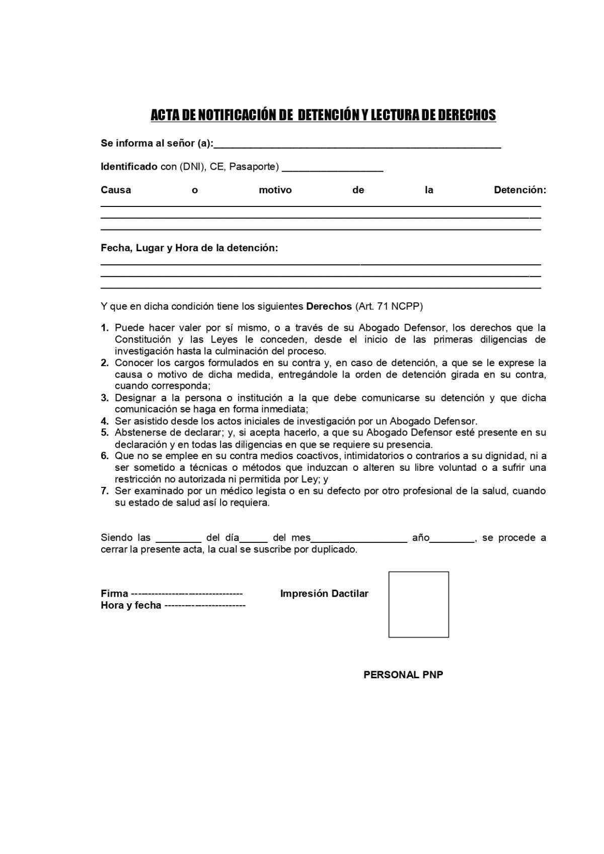 Acta de Notificación de Detención y Lectura de Derechos