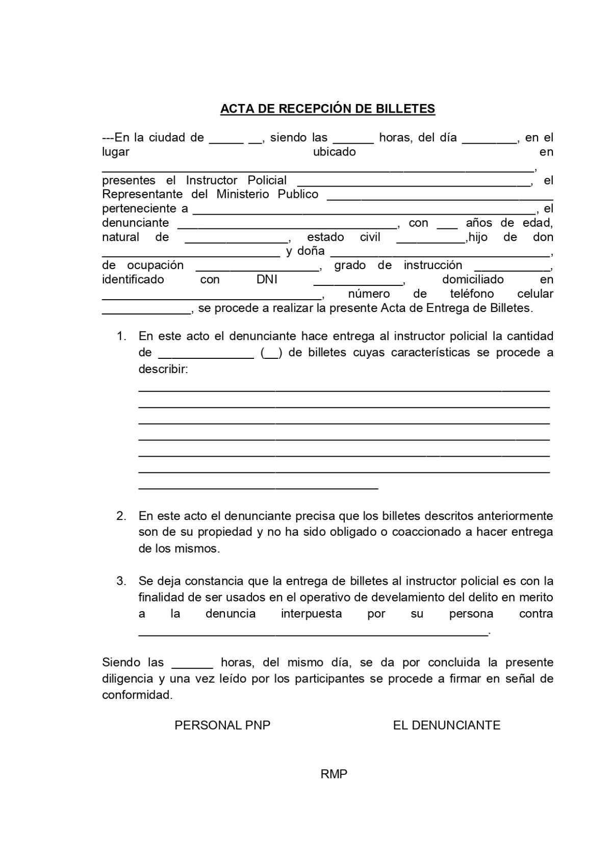 Acta de recepción de billetes