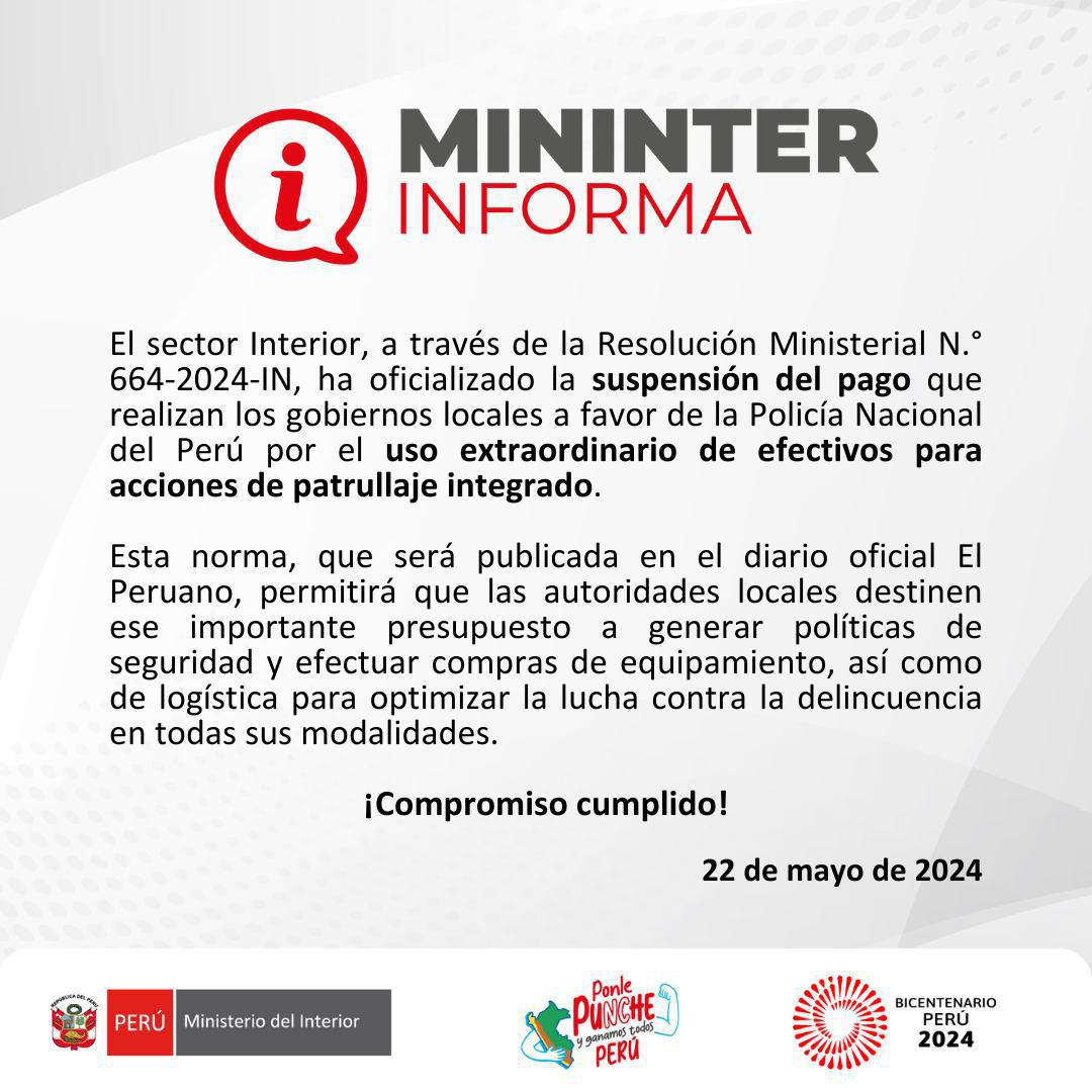 MININTER INFORMA: Suspensión de Pagos a la PNP para Optimizar Presupuesto Local