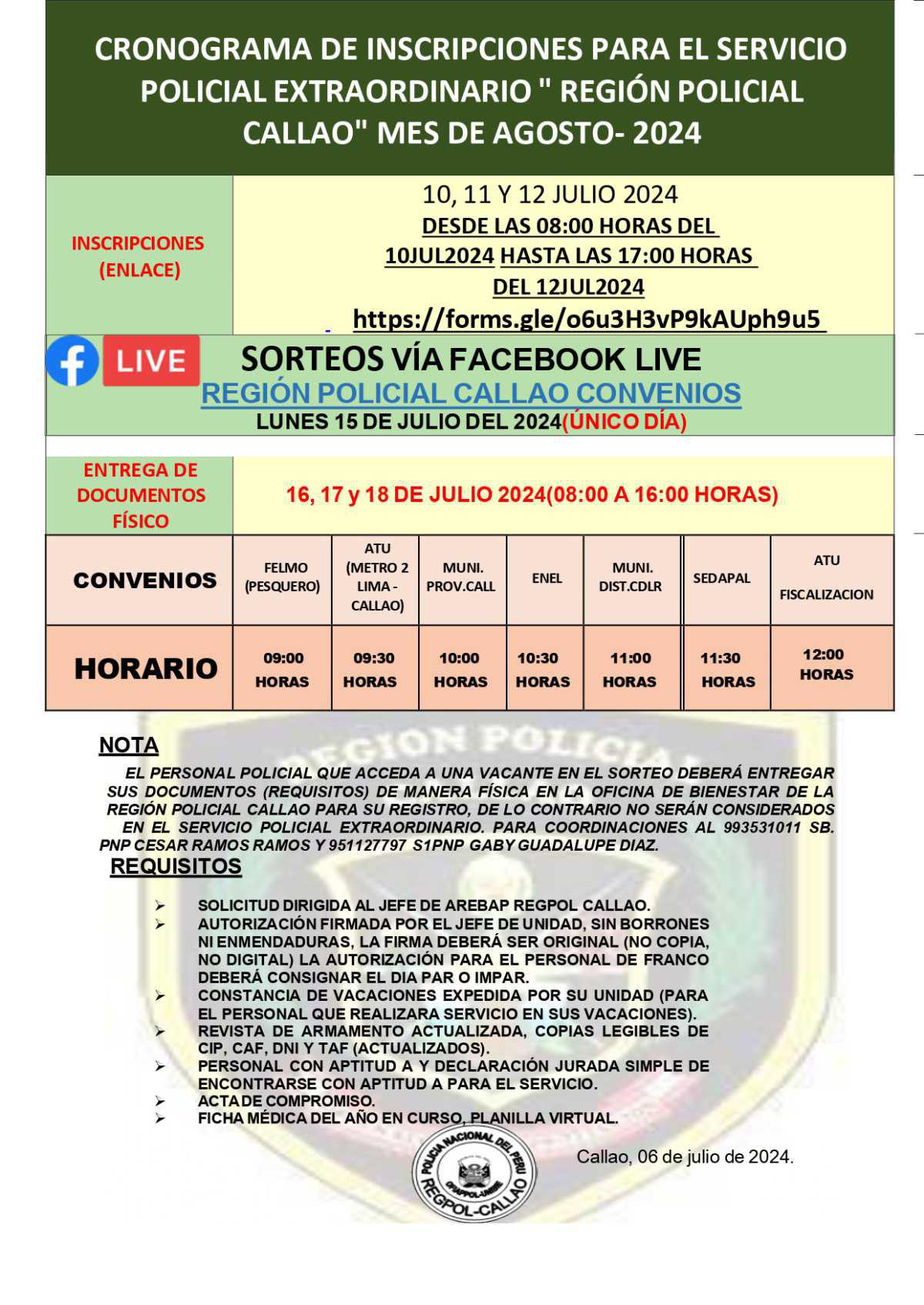 Convocatoria Abierta : Servicio policial por convenio en el Callao para AGOSTO 2024